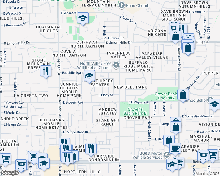 map of restaurants, bars, coffee shops, grocery stores, and more near 17847 North 19th Place in Phoenix
