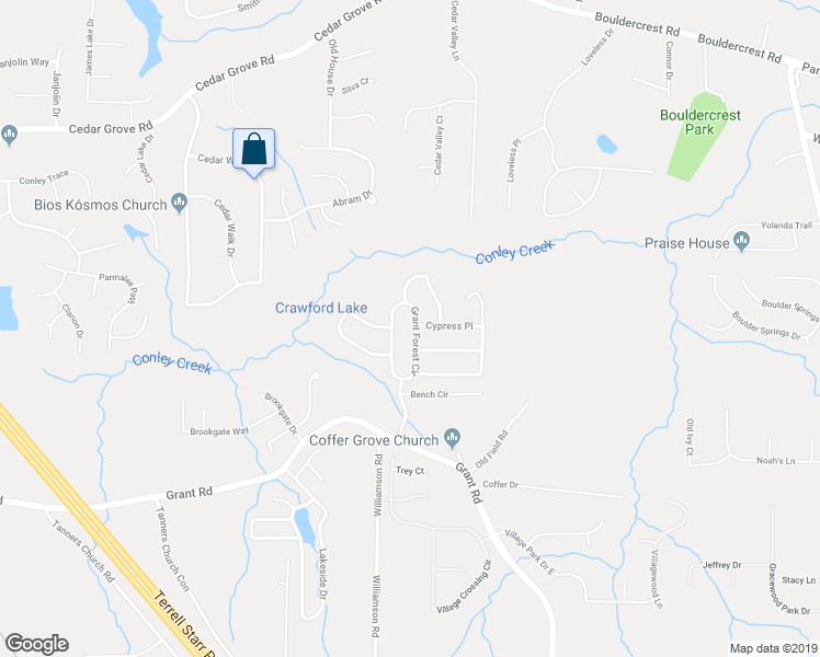 map of restaurants, bars, coffee shops, grocery stores, and more near 4341 Grant Forest Circle in Ellenwood