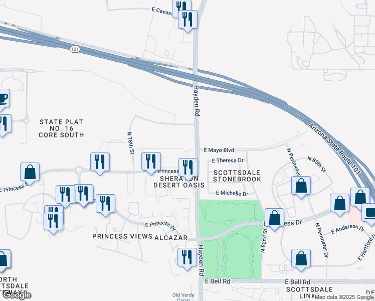 map of restaurants, bars, coffee shops, grocery stores, and more near 17900 North Hayden Road in Scottsdale