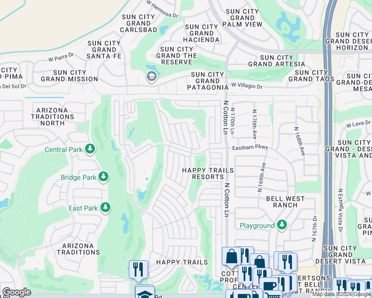 map of restaurants, bars, coffee shops, grocery stores, and more near 17200 West Bell Road in Surprise