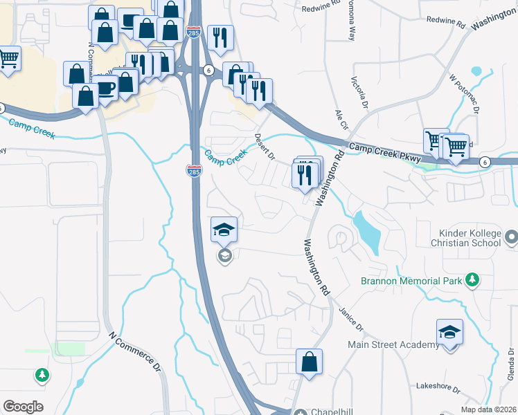 map of restaurants, bars, coffee shops, grocery stores, and more near 2841 Laurel Ridge Circle in East Point