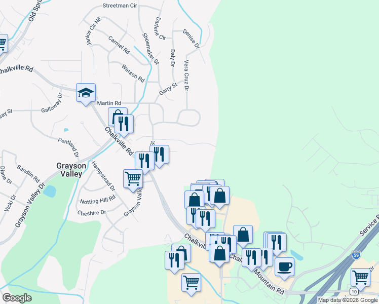 map of restaurants, bars, coffee shops, grocery stores, and more near 5161 Falling Creek Lane in Birmingham