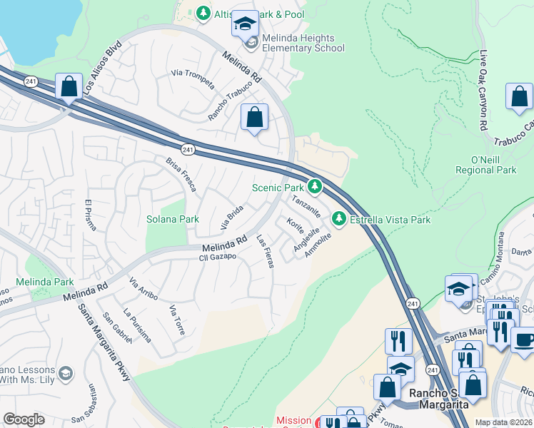 map of restaurants, bars, coffee shops, grocery stores, and more near 90 Melinda Road in Rancho Santa Margarita