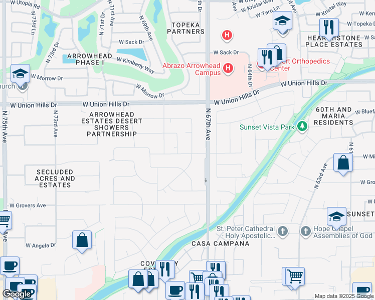 map of restaurants, bars, coffee shops, grocery stores, and more near 18202 North 67th Drive in Glendale