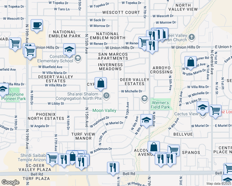 map of restaurants, bars, coffee shops, grocery stores, and more near 18002 North 11th Avenue in Phoenix