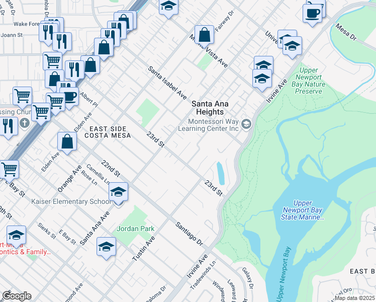 map of restaurants, bars, coffee shops, grocery stores, and more near 2316 La Linda Place in Newport Beach