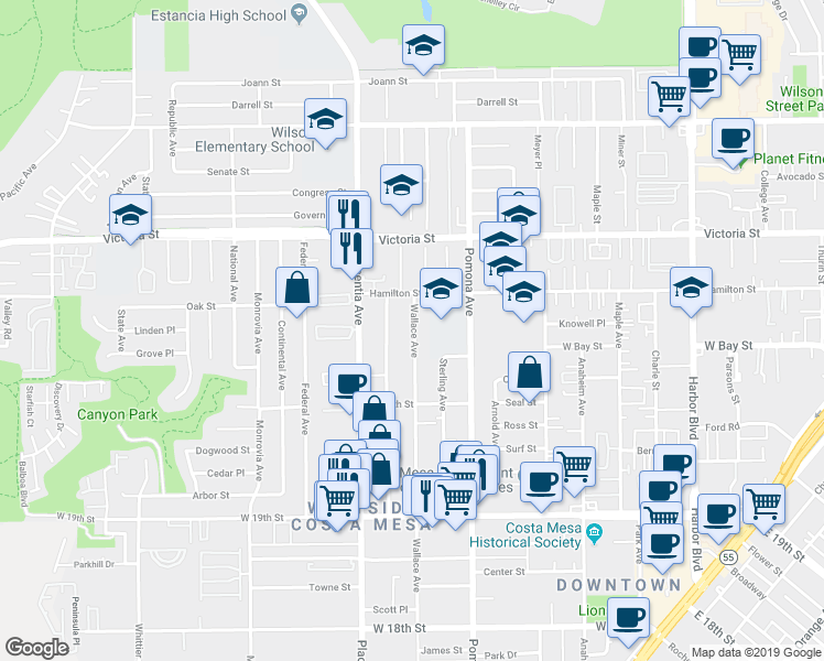 map of restaurants, bars, coffee shops, grocery stores, and more near 2063 Wallace Avenue in Costa Mesa