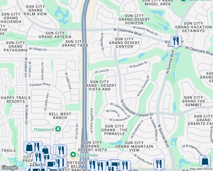 map of restaurants, bars, coffee shops, grocery stores, and more near 18189 North Petrified Forest Drive in Surprise