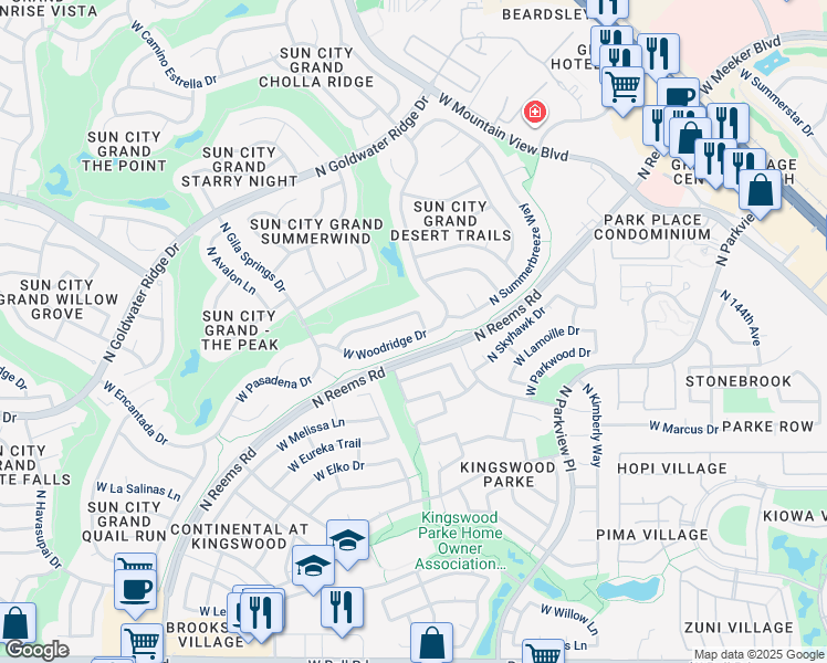 map of restaurants, bars, coffee shops, grocery stores, and more near 15044 West Woodridge Drive in Surprise