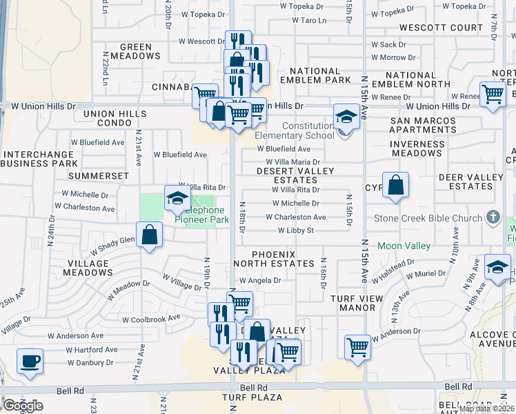 map of restaurants, bars, coffee shops, grocery stores, and more near 1807 West Michelle Drive in Phoenix