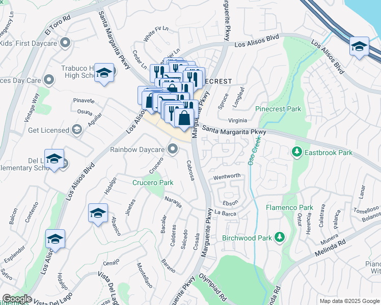 map of restaurants, bars, coffee shops, grocery stores, and more near 21602 Cabrosa in Mission Viejo