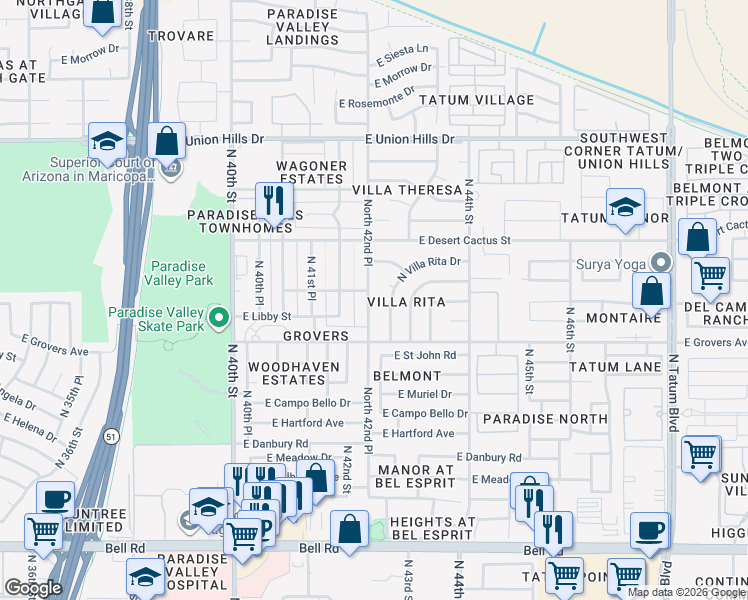 map of restaurants, bars, coffee shops, grocery stores, and more near 17839 North 42nd Place in Phoenix
