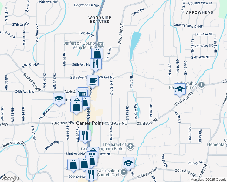 map of restaurants, bars, coffee shops, grocery stores, and more near 2405 2nd Street Northeast in Center Point