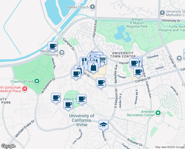 map of restaurants, bars, coffee shops, grocery stores, and more near 4255 Campus Drive in Irvine