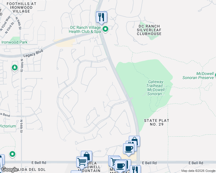 map of restaurants, bars, coffee shops, grocery stores, and more near 18062 North 100th Street in Scottsdale