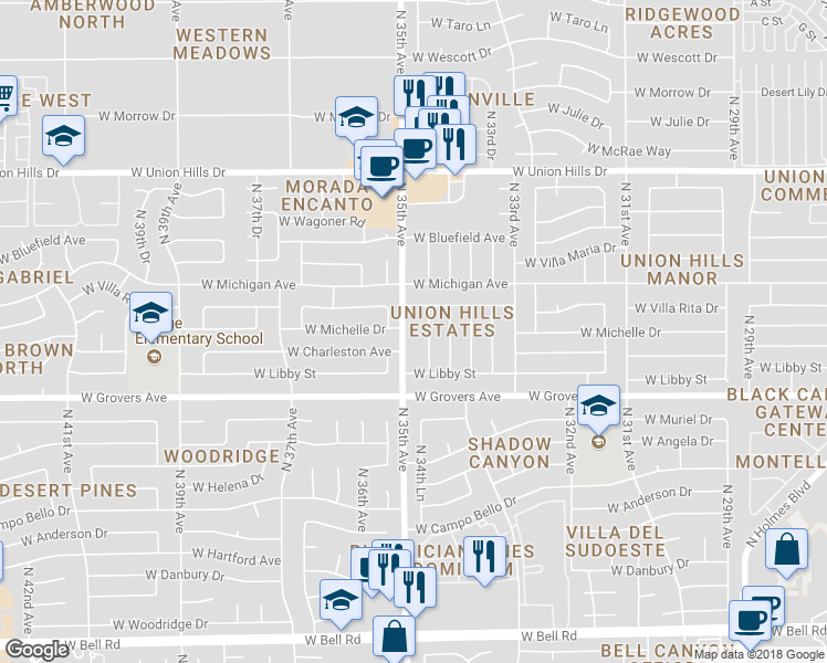 map of restaurants, bars, coffee shops, grocery stores, and more near 18009 North 35th Avenue in Phoenix