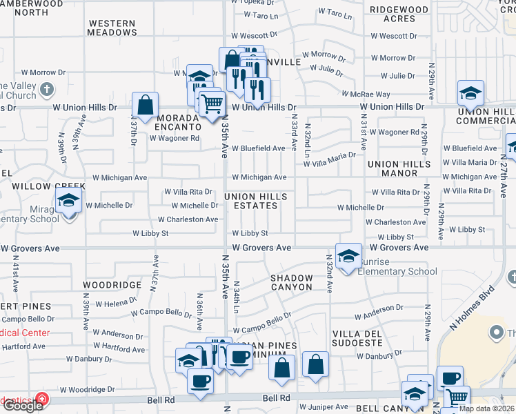 map of restaurants, bars, coffee shops, grocery stores, and more near 18005 North 34th Drive in Phoenix