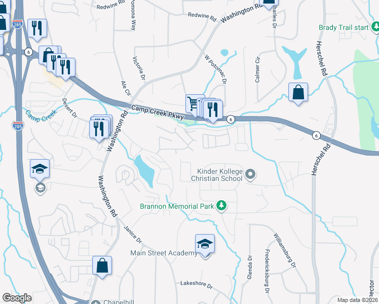 map of restaurants, bars, coffee shops, grocery stores, and more near 2900 Camp Creek Parkway in College Park