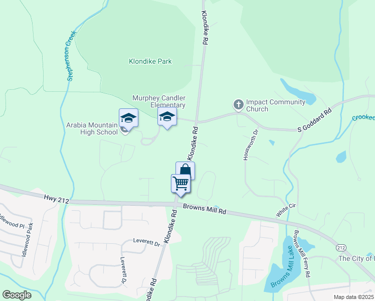 map of restaurants, bars, coffee shops, grocery stores, and more near 4497 Klondike Road in Lithonia