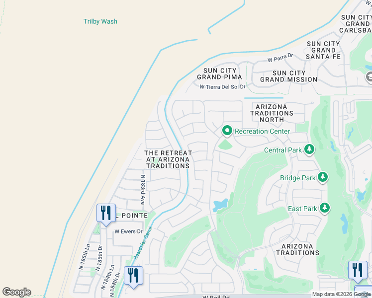 map of restaurants, bars, coffee shops, grocery stores, and more near 18172 North Coconino Drive in Surprise