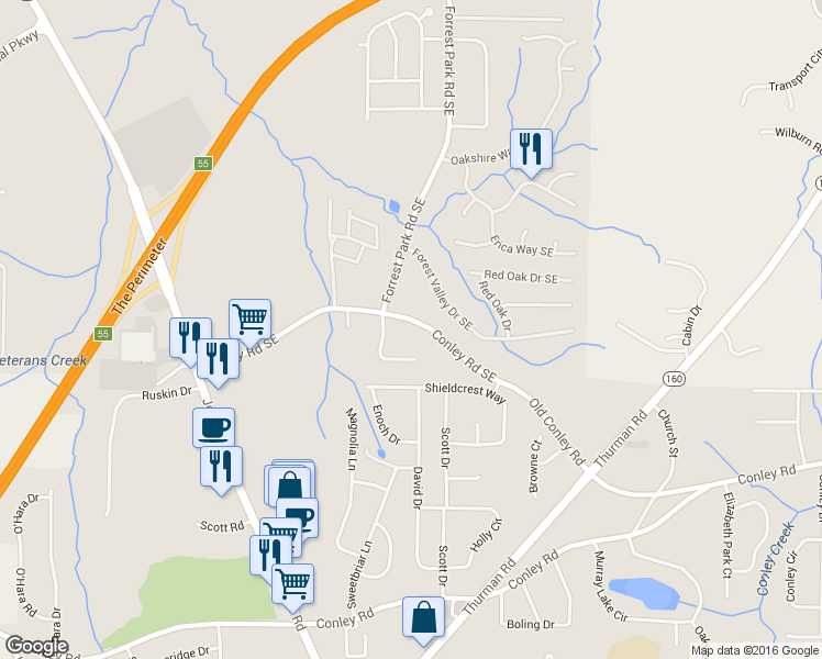 map of restaurants, bars, coffee shops, grocery stores, and more near 991 Conley Road Southeast in Atlanta