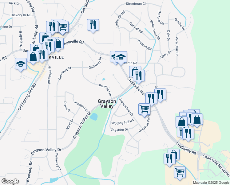 map of restaurants, bars, coffee shops, grocery stores, and more near 2316 Grayson Valley Drive in Birmingham