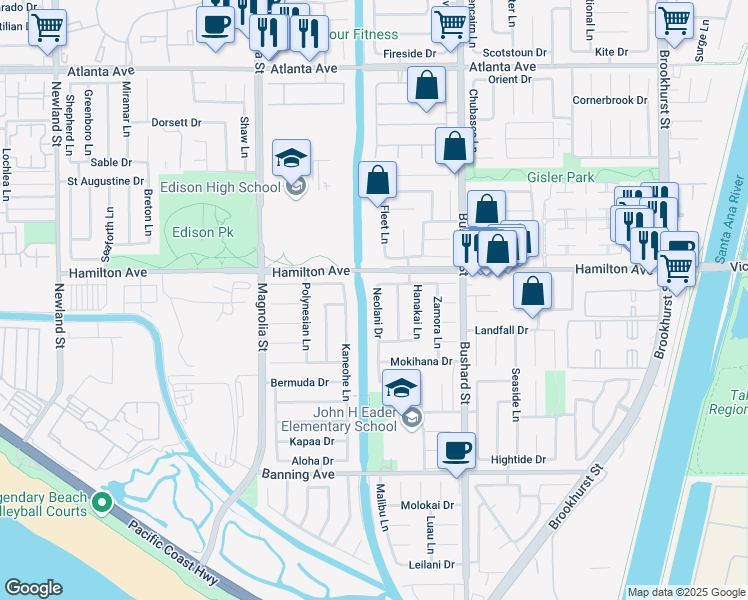 map of restaurants, bars, coffee shops, grocery stores, and more near 21571 Neolani Drive in Huntington Beach
