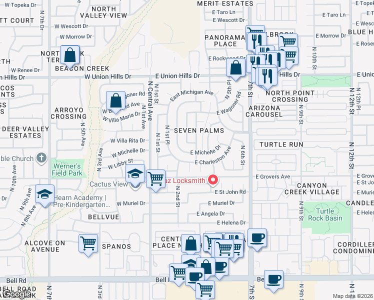 map of restaurants, bars, coffee shops, grocery stores, and more near 18003 North 2nd Street in Phoenix