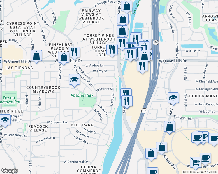 map of restaurants, bars, coffee shops, grocery stores, and more near 8338 West Fullam Street in Peoria