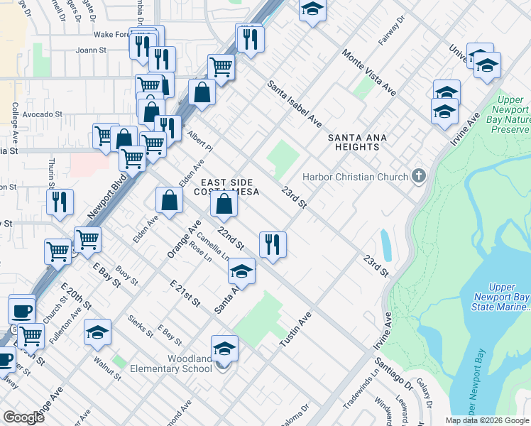 map of restaurants, bars, coffee shops, grocery stores, and more near 258 Cecil Place in Costa Mesa
