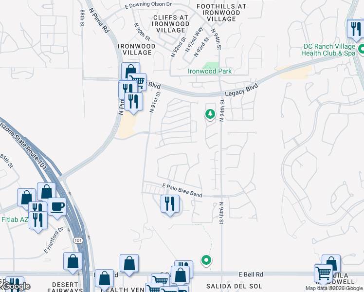 map of restaurants, bars, coffee shops, grocery stores, and more near 9273 East Canyon View Road in Scottsdale