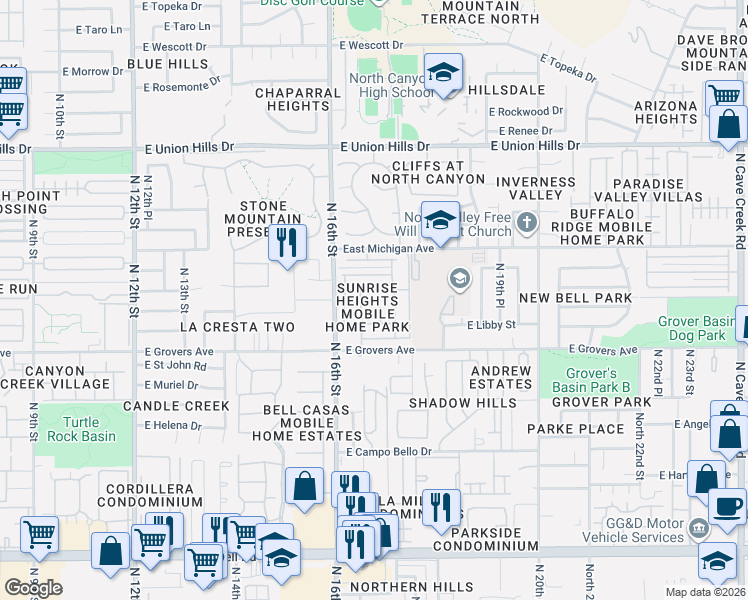 map of restaurants, bars, coffee shops, grocery stores, and more near 1635 East John Cabot Road in Phoenix
