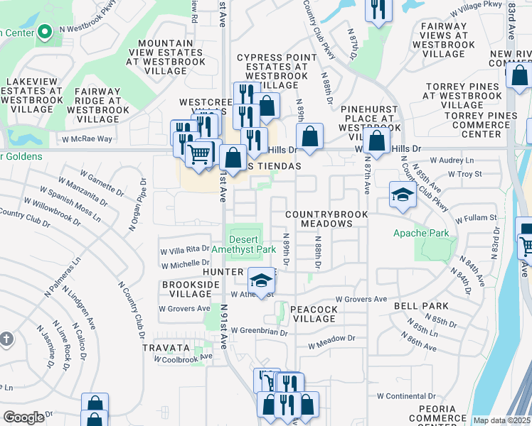 map of restaurants, bars, coffee shops, grocery stores, and more near 18190 North 89th Lane in Peoria