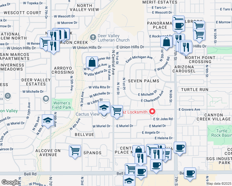 map of restaurants, bars, coffee shops, grocery stores, and more near 18010 North 1st Street in Phoenix