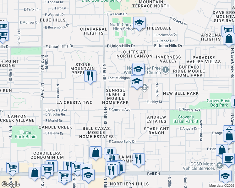 map of restaurants, bars, coffee shops, grocery stores, and more near 1635 East John Cabot Road in Phoenix