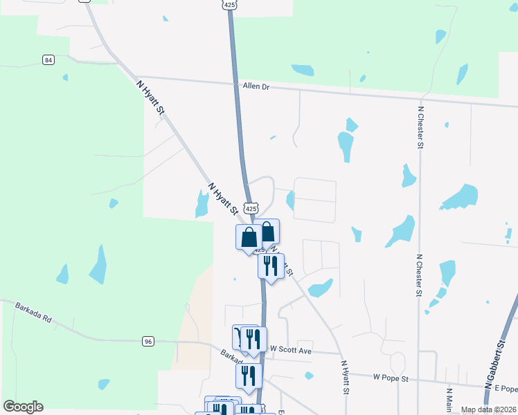 map of restaurants, bars, coffee shops, grocery stores, and more near 109 Circle Acres Drive in Monticello