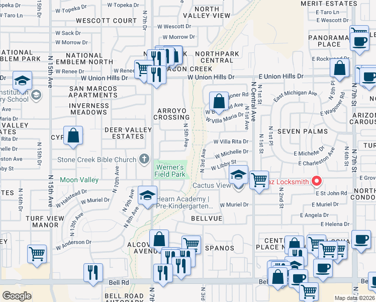 map of restaurants, bars, coffee shops, grocery stores, and more near 18017 North 5th Avenue in Phoenix