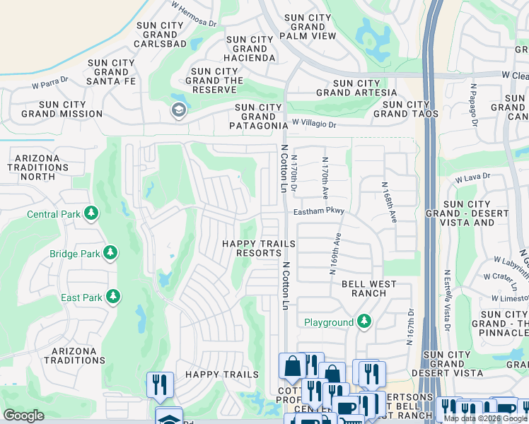 map of restaurants, bars, coffee shops, grocery stores, and more near 17168 West Roy Rogers in Surprise