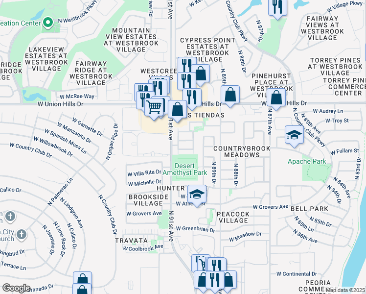 map of restaurants, bars, coffee shops, grocery stores, and more near 9044 West Fullam Street in Peoria