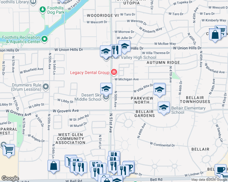 map of restaurants, bars, coffee shops, grocery stores, and more near 18020 North 50th Avenue in Glendale