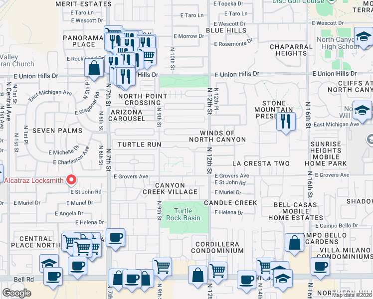 map of restaurants, bars, coffee shops, grocery stores, and more near 18002 North 12th Street in Phoenix