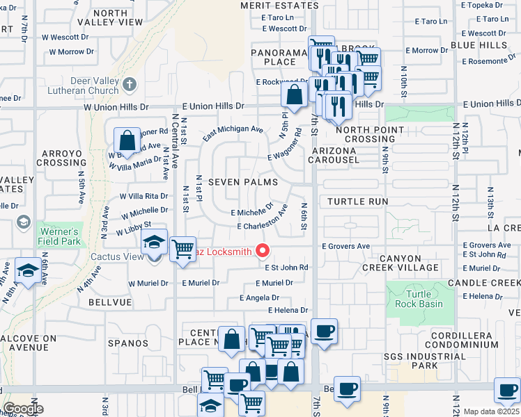 map of restaurants, bars, coffee shops, grocery stores, and more near 18002 North 3rd Place in Phoenix