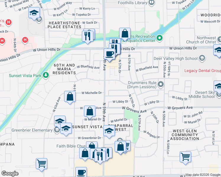 map of restaurants, bars, coffee shops, grocery stores, and more near 5820 West John Cabot Road in Glendale
