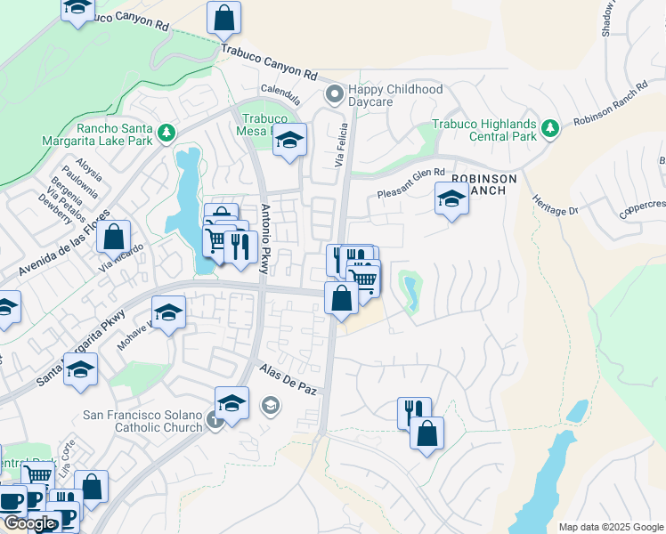 map of restaurants, bars, coffee shops, grocery stores, and more near 10 Vía Magnolia in Rancho Santa Margarita