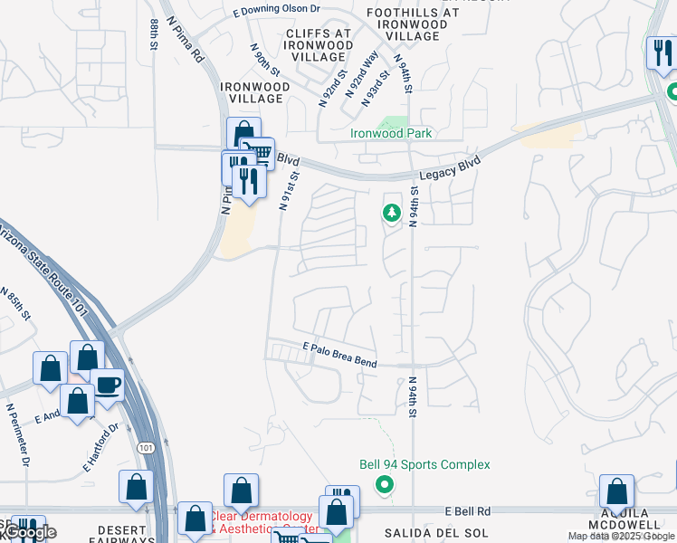 map of restaurants, bars, coffee shops, grocery stores, and more near 9273 East Canyon View Road in Scottsdale