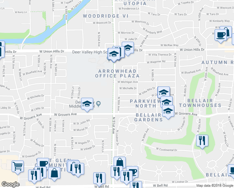 map of restaurants, bars, coffee shops, grocery stores, and more near 18020 North 50th Avenue in Glendale