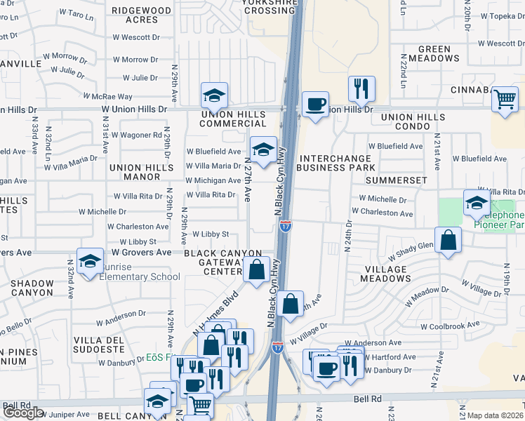map of restaurants, bars, coffee shops, grocery stores, and more near 18000 North Black Canyon Highway in Phoenix