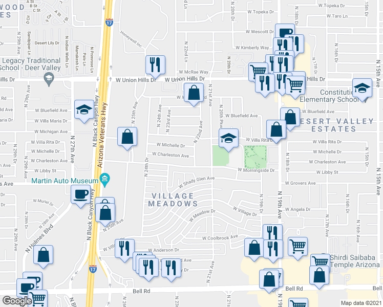 map of restaurants, bars, coffee shops, grocery stores, and more near 2202 West Charleston Avenue in Phoenix