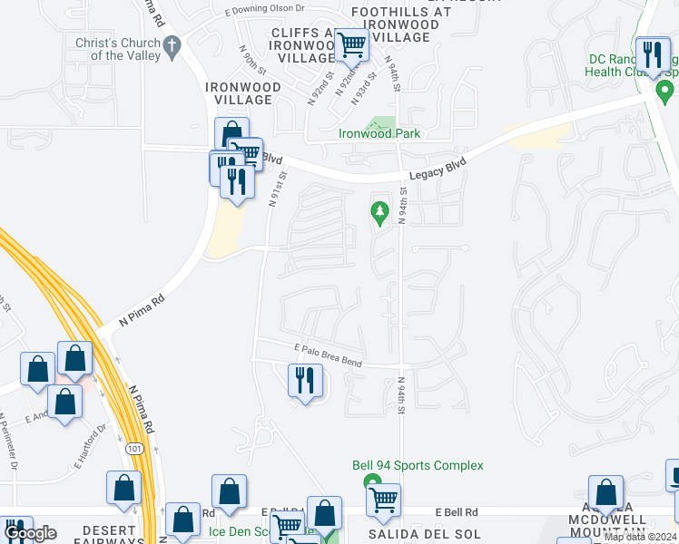 map of restaurants, bars, coffee shops, grocery stores, and more near 9289 East Canyon View Road in Scottsdale