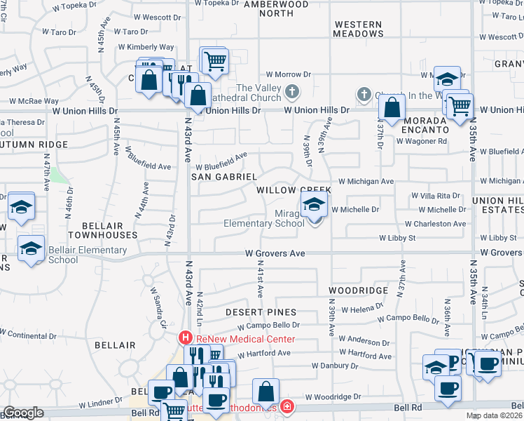 map of restaurants, bars, coffee shops, grocery stores, and more near 18002 North 41st Avenue in Glendale